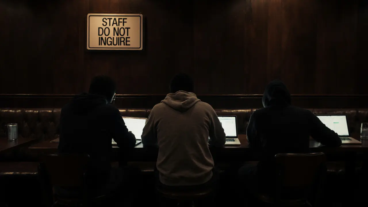 Three anonymous individuals in a private London club, each using devices, faces hidden, conveying silent trust and confidentiality.