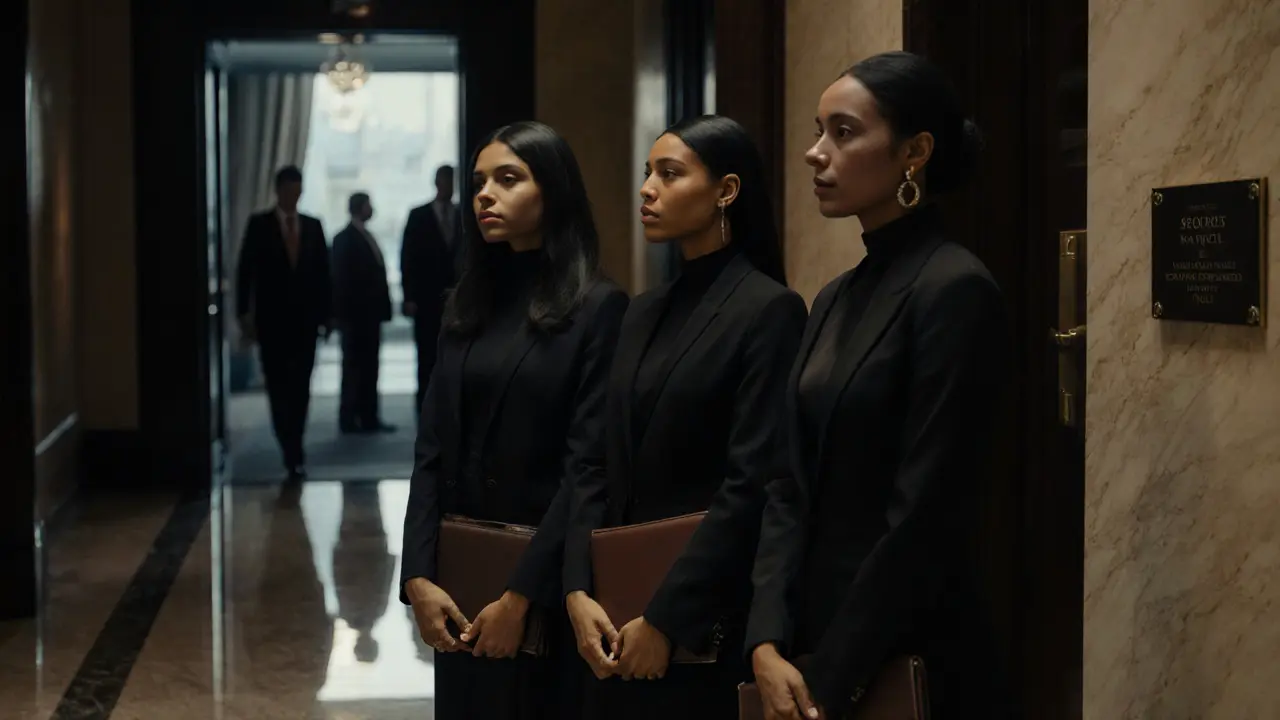 Three professional women in elegant clothing stand in a hotel hallway, their portfolios hinting at discreet services.