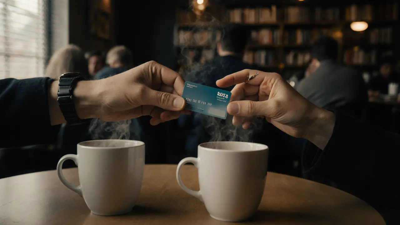 Two hands exchanging a prepaid card in a coffee shop, no faces visible, emphasizing privacy.