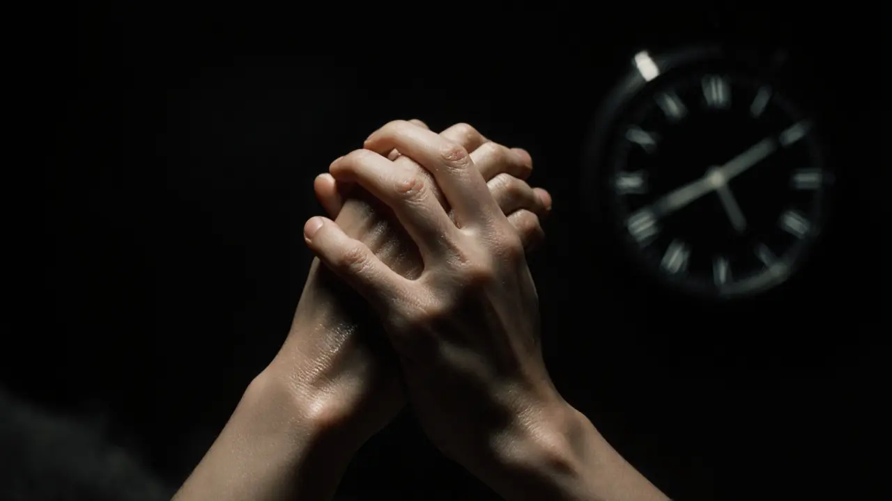 Two hands holding tightly in the dark, symbolizing intimate connection before sleep.