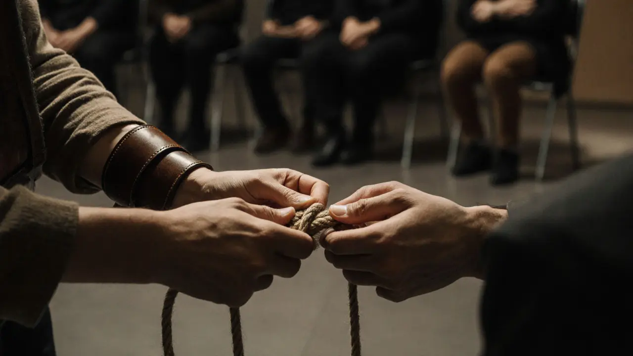 Two hands slowly tying jute rope around a wrist in a calm, intimate moment.