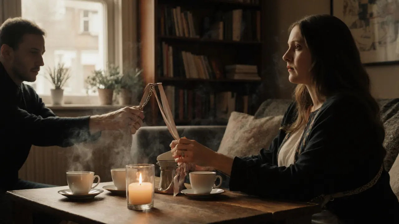 Two people in a candlelit Notting Hill living room, holding silk restraints in silent, intimate stillness before binding.