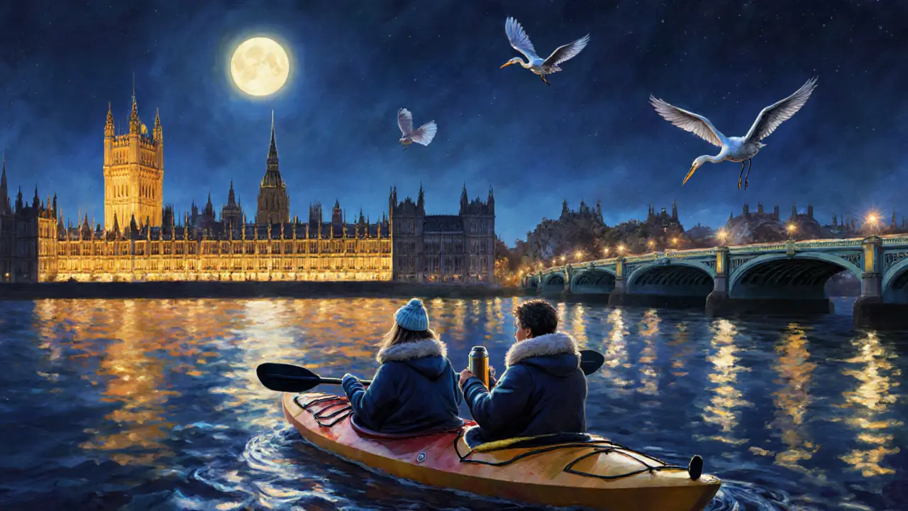 Two people kayak silently on the Thames at night, city lights reflecting on dark water.