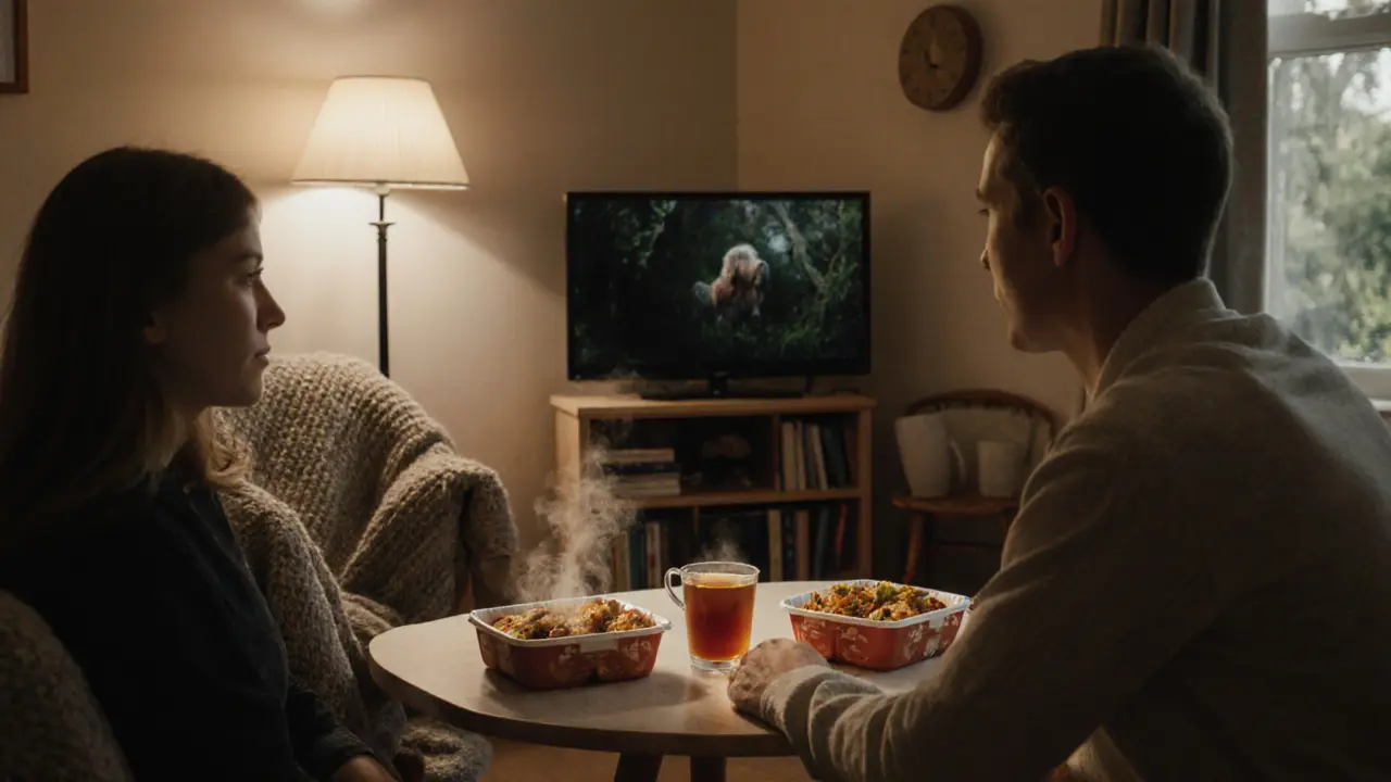 Two people share a quiet dinner at home in Feltham, with takeaway food and tea on a simple table, TV glowing softly in the background.