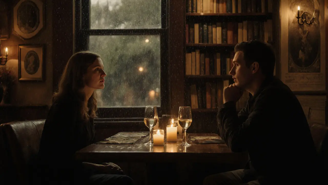 Two people sharing a quiet dinner in a cozy Barnet pub, candlelight and rain on the window.