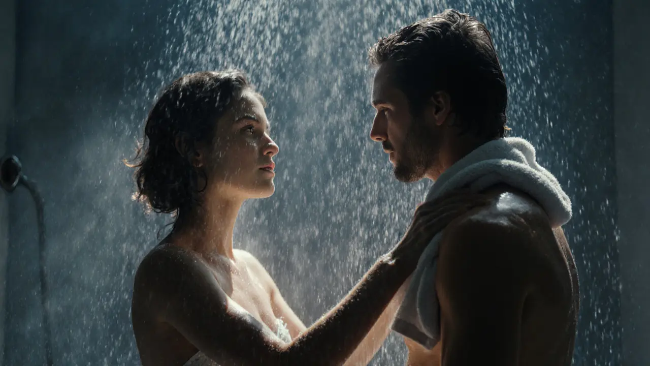 Two people sharing a warm shower, one gently wiping the other&#039;s back with a towel.