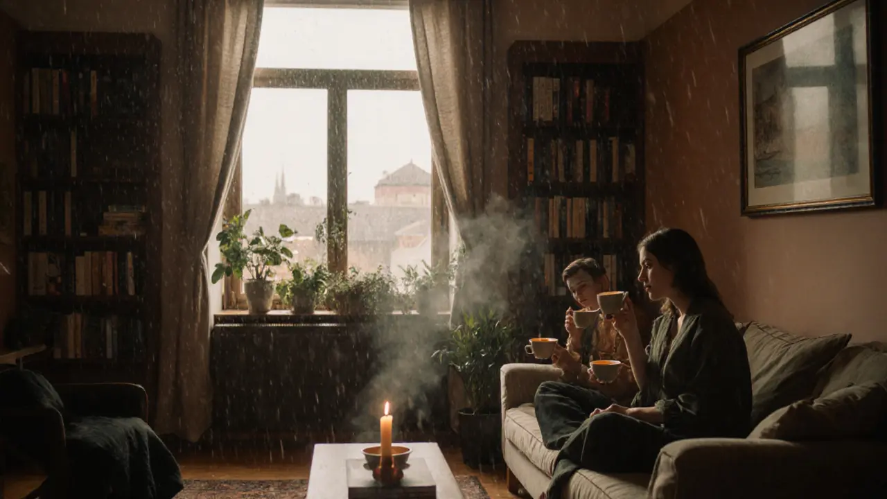 Two people sit peacefully in a cozy apartment, sharing tea in quiet companionship, soft light and rain outside.