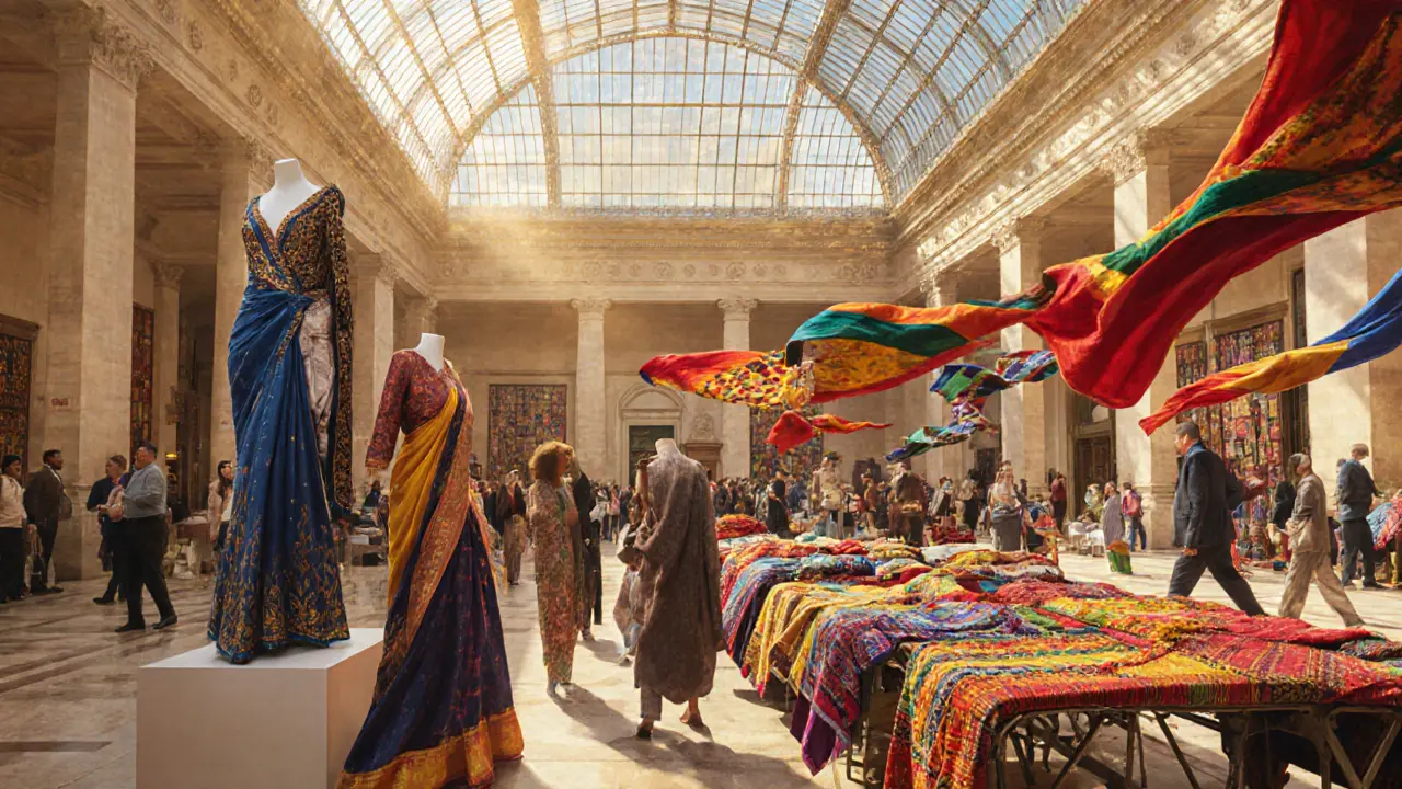 V&amp;A museum display of vintage gown next to handwoven sari, textile market with colorful scarves in courtyard.