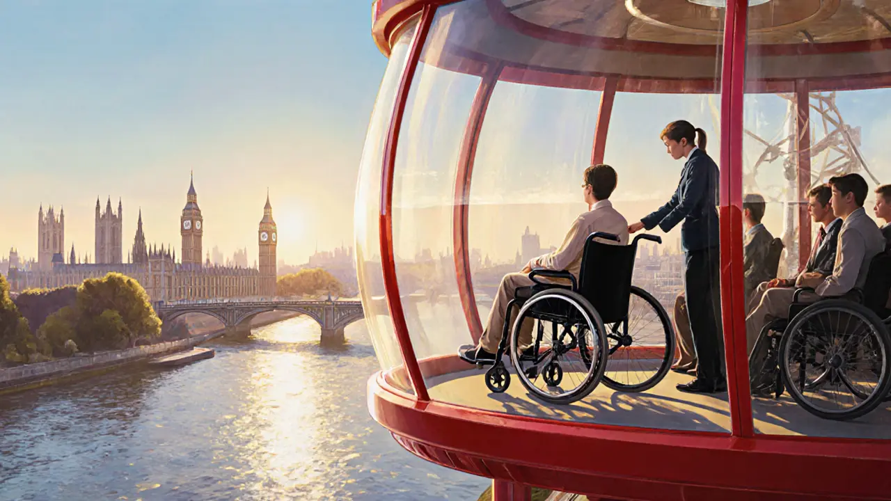 Wheelchair rolling into a London Eye capsule with no steps, Thames and city skyline in background.