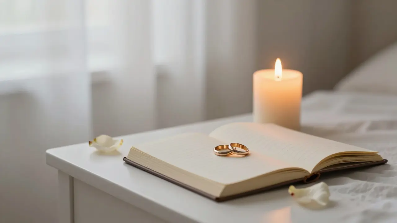 A candle, rings, and a rose petal on a nightstand, symbolizing healing and presence in a relationship.