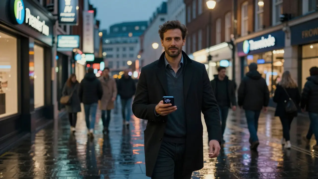 A client walking safely through a well-lit London neighborhood toward a chain hotel at night.