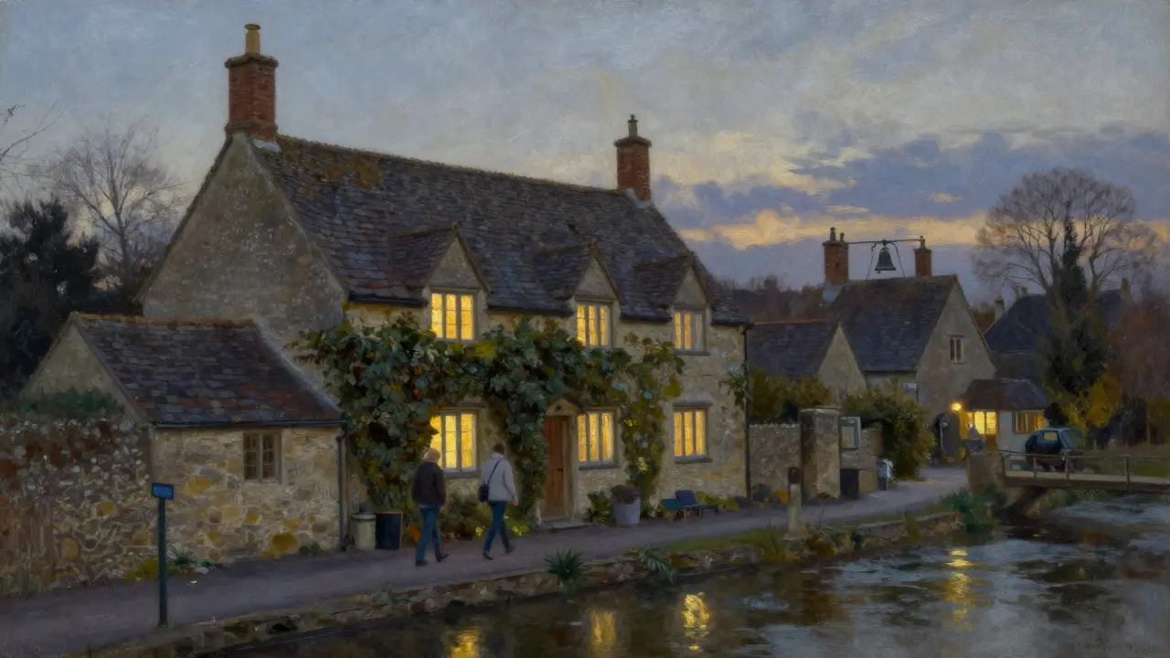 A couple strolls past a historic 16th-century cottage in Cheam Village at dusk, church bells in the distance.