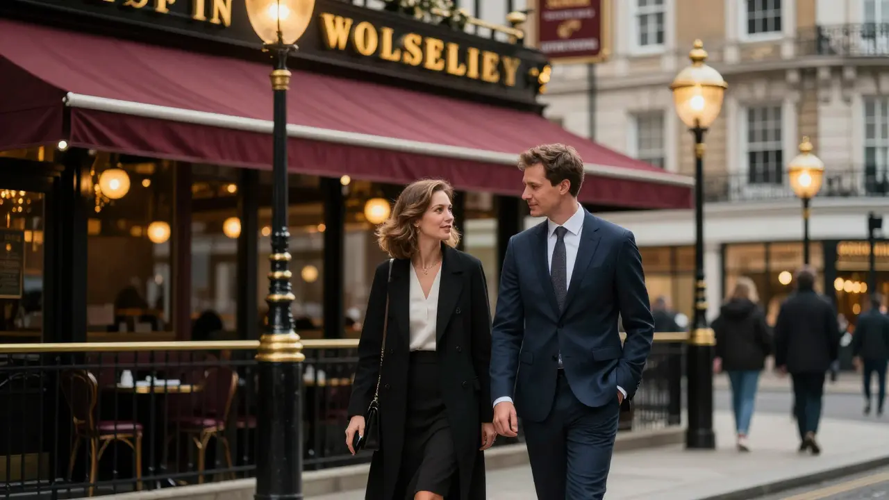 A couple walking discreetly outside a high-end London restaurant under golden lamplight, dressed in refined attire.