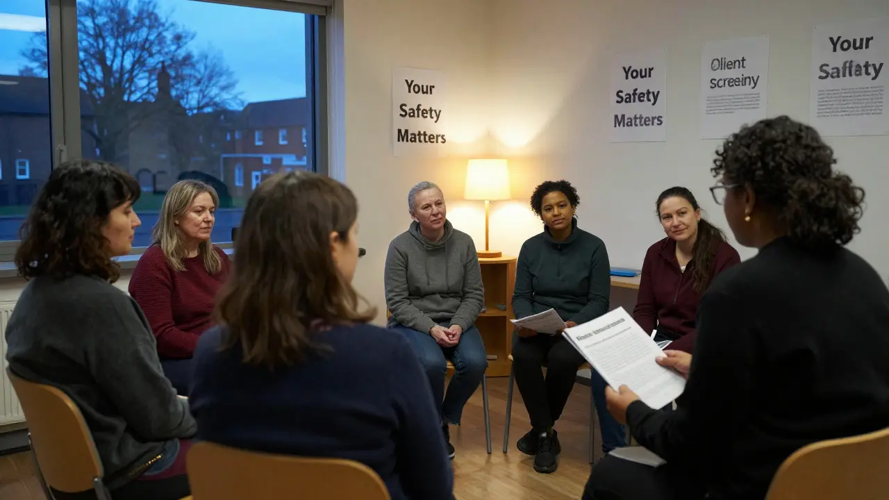 A group of women attending a safety workshop at a community center, listening to a counselor in calm evening light.