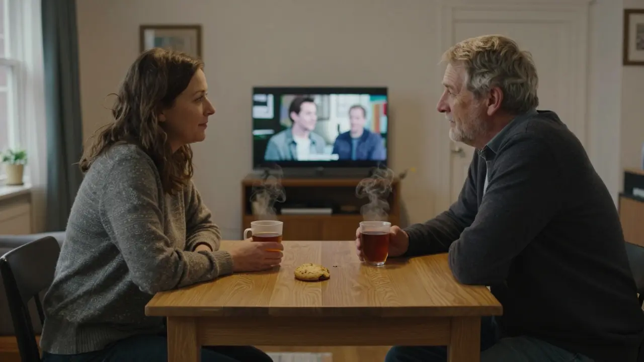 A man and woman sharing tea and conversation in a modest suburban apartment, TV playing softly in the background.