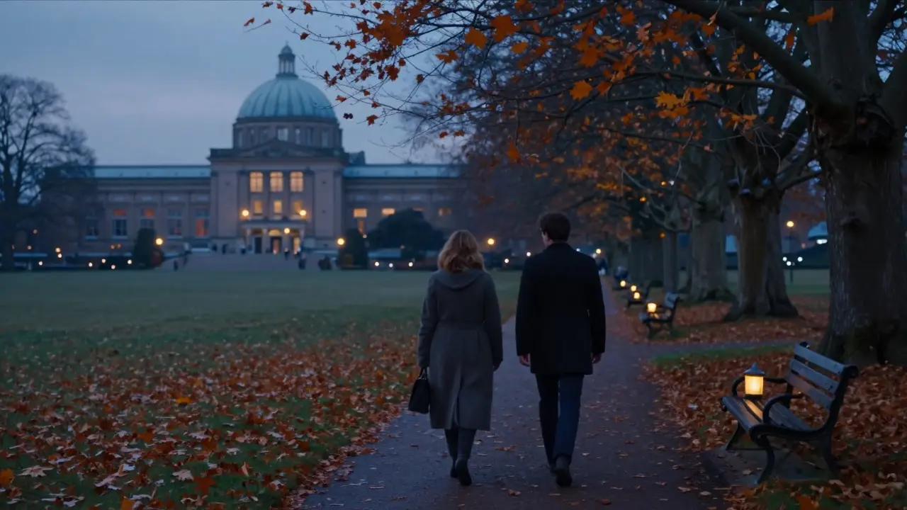 A peaceful evening walk through Ladywell Fields at dusk, autumn leaves falling under soft streetlights.