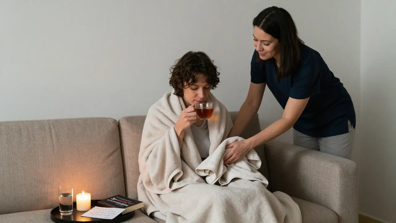 A person rests wrapped in a blanket after a session, sipping tea as an escort offers gentle aftercare in a calm, candlelit room.