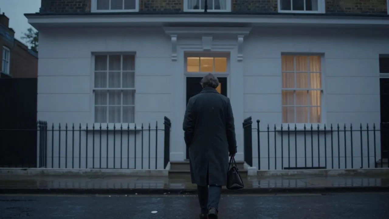 A person walking away from a quiet London townhouse at dusk, shoulders relaxed, symbolizing peace after a session.