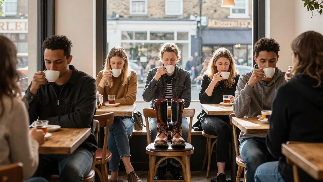 A quiet group in a Camden cafe silently observing a pair of worn boots on an empty chair.