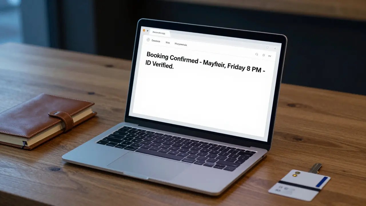 A secure booking confirmation on a laptop screen, reflecting on a wooden desk with a keycard nearby.