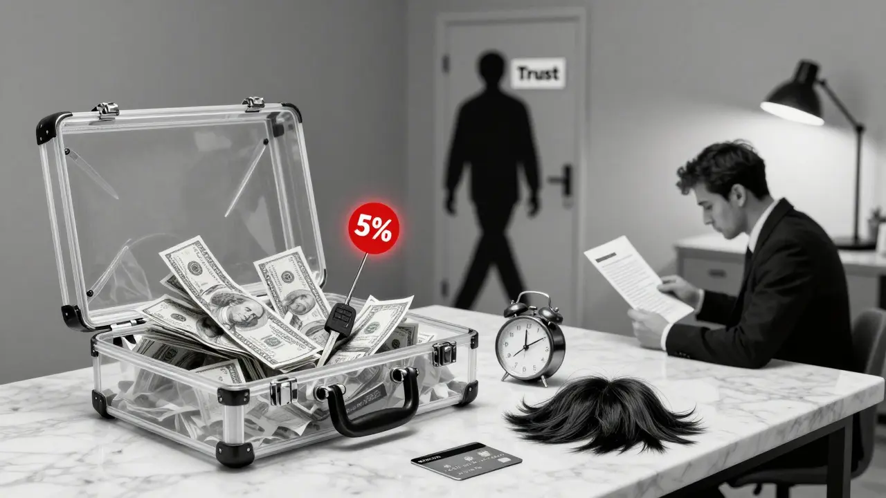 A transparent briefcase overflows with hidden fees—hotel key, clock, wig, and credit card fee icon.