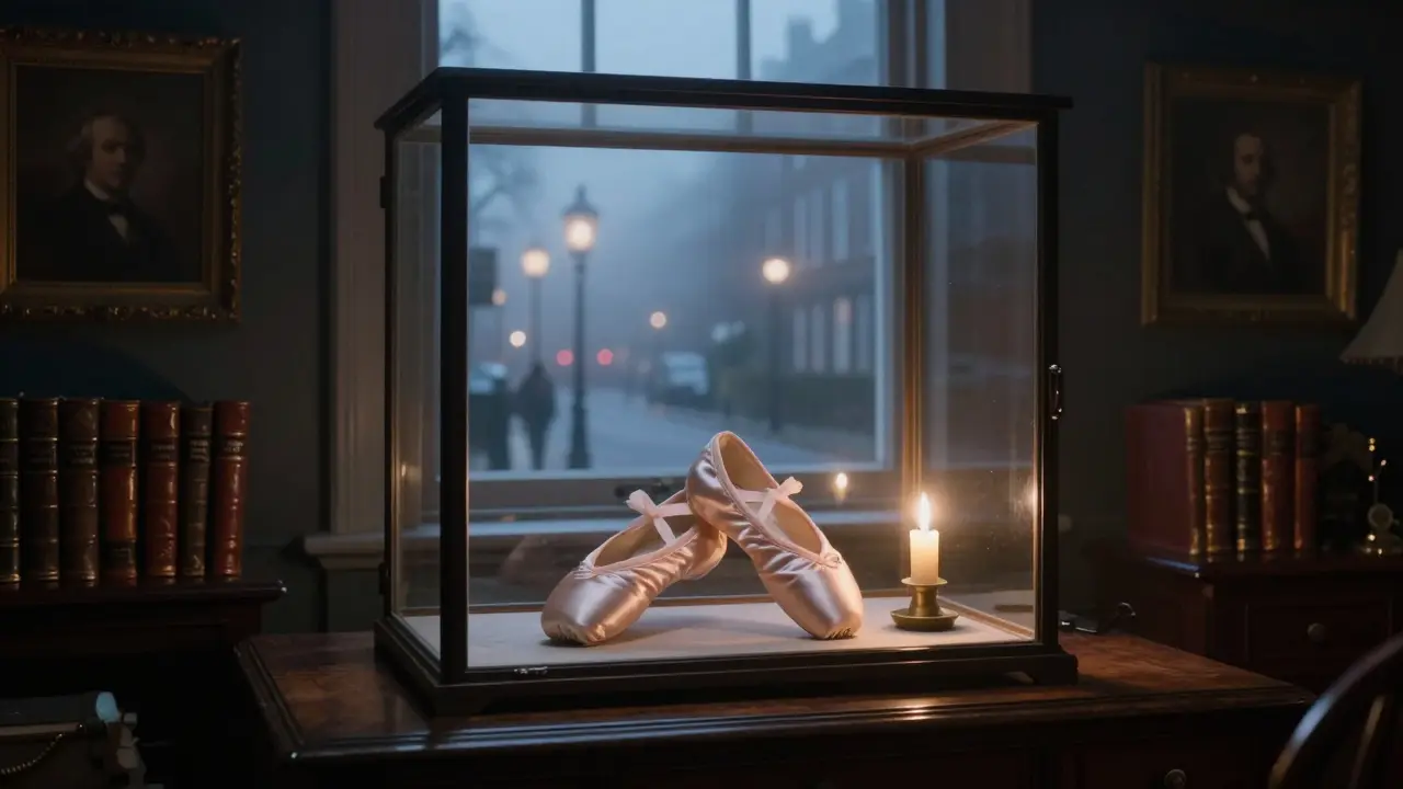 A Victorian study with a glass case holding ballerina slippers, lit by a single candle in the foggy night.
