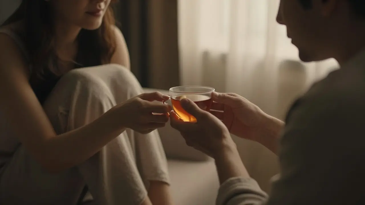 A woman offering tea to a man with gentle, attentive gestures in a cozy, intimate room.