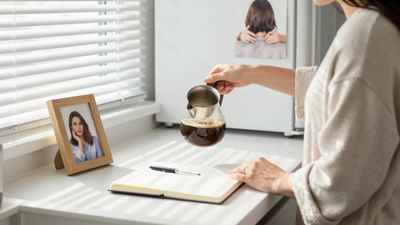 A woman pours coffee in her kitchen, journal open beside her, morning light highlighting quiet reflection.
