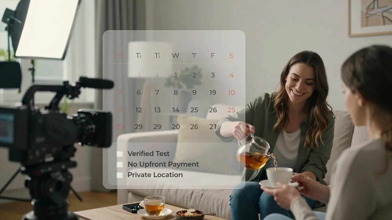 A woman transitions from a film set to a private London apartment, symbolizing her career shift.