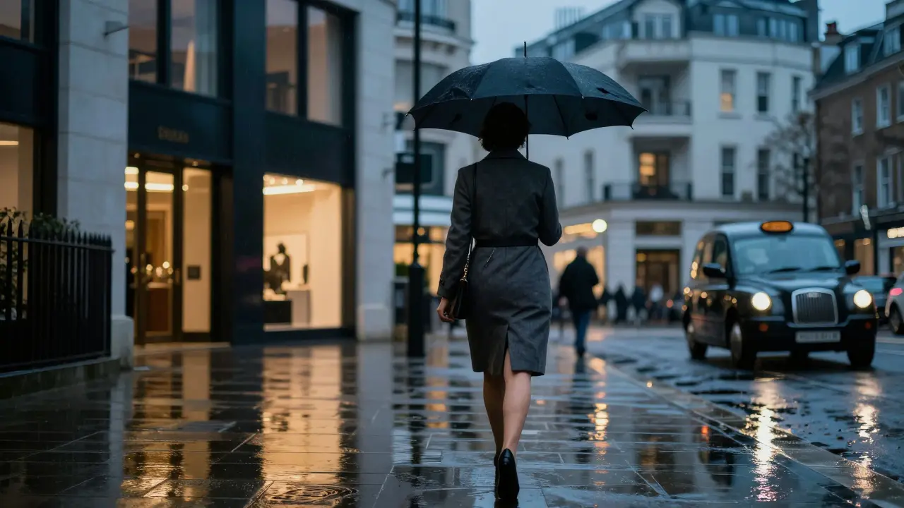 A woman walking away from an apartment in rainy South Kensington, umbrella in hand.