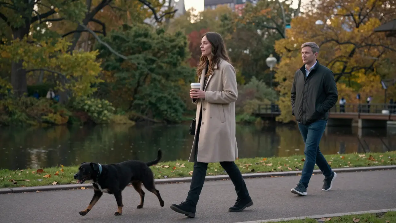 A woman walking her dog in Hyde Park with a client at a respectful distance, autumn trees in background.