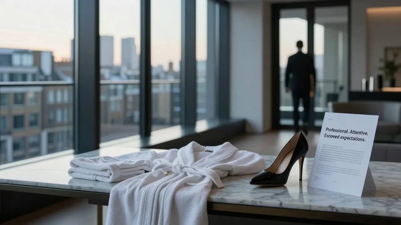An empty luxury penthouse at dawn, with a robe and review note hinting at a discreet encounter.