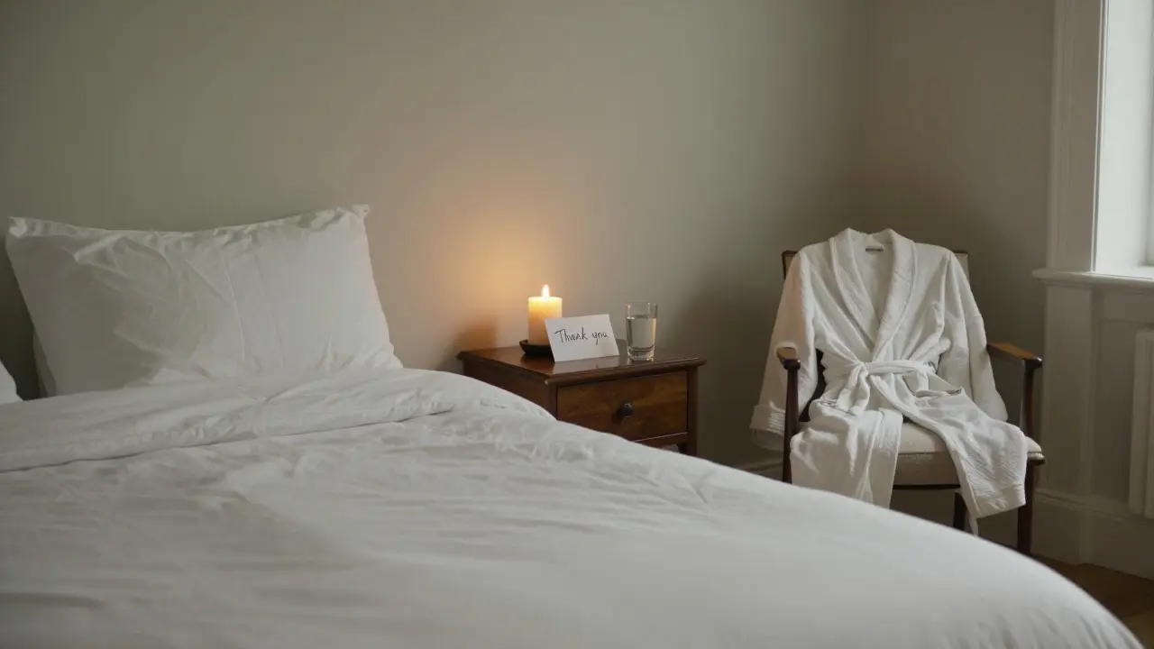 An empty, neatly arranged bedroom at dawn with a candle and a thank-you note on the nightstand.