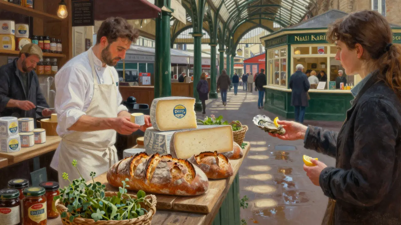 Artistic scene of Borough Market with cheese sampling, sourdough loaves, and fresh oysters under railway arches.