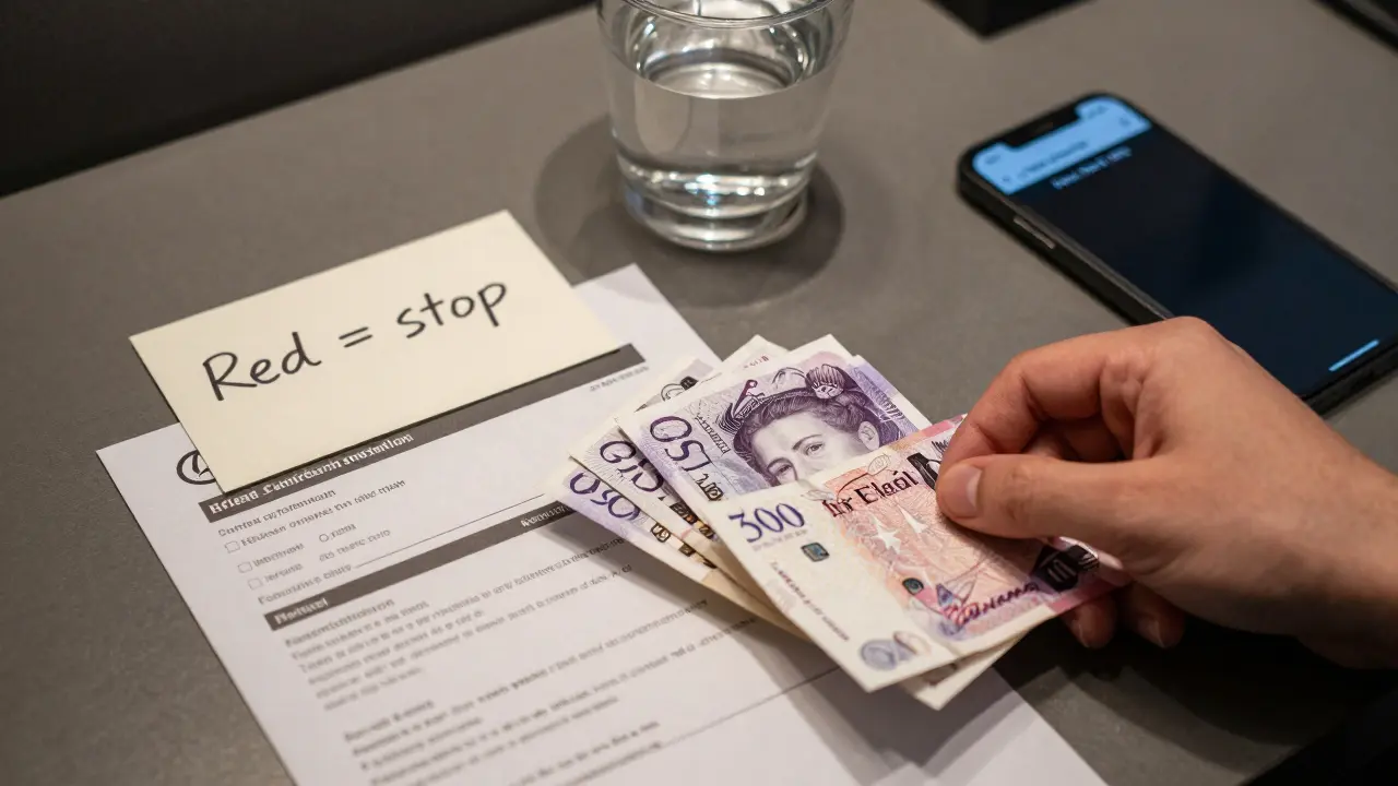 Cash and a safety note on a hotel desk, with confirmation email and check-in reminder visible.
