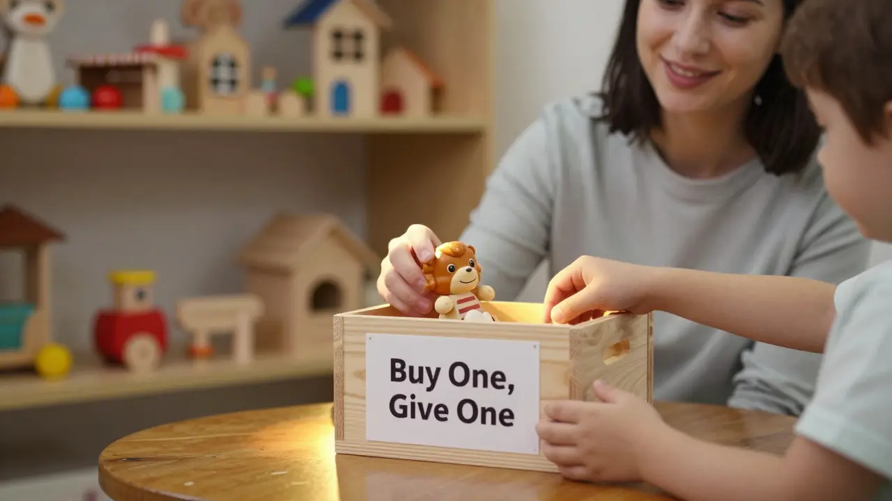 Child donating a toy at an independent toy shop with wooden shelves in background