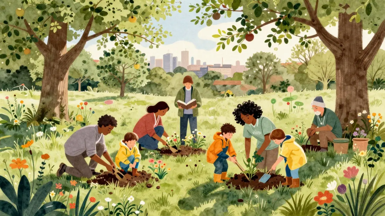 Children planting wildflowers in Hampstead Heath with a librarian reading nearby