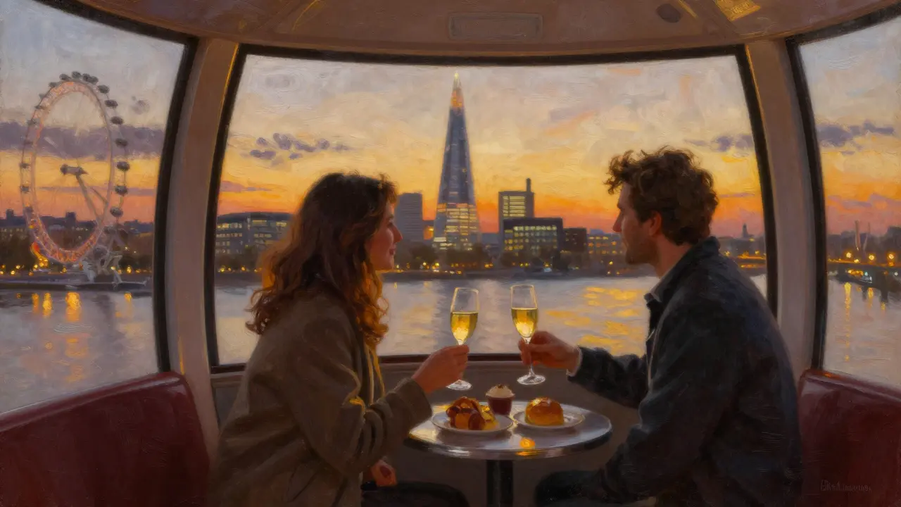 Couple enjoying sparkling wine in a London Eye capsule at sunset, city lights glowing below.