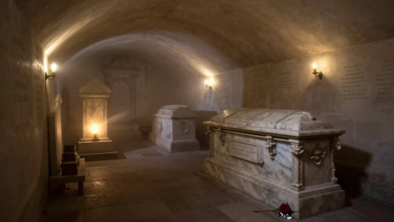 Dimly lit crypt of St. Paul’s Cathedral with candlelit tombs of Nelson and Wren, names of Blitz victims etched on the walls.