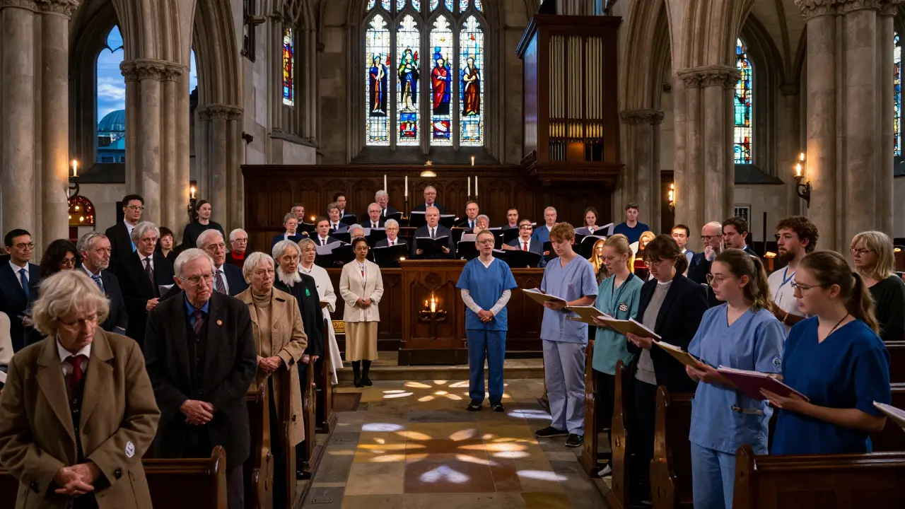 Diverse congregation in St. Paul’s nave during Evensong, candlelight glowing through stained glass as the choir sings.