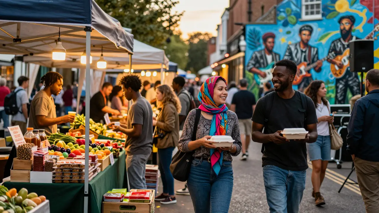 Diverse people walking through Wealdstone Market at dusk, enjoying food and community atmosphere.