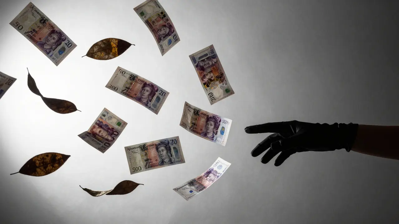 Floating banknotes reflecting a city skyline, a gloved hand reaching toward them in an abstract symbol of financial surrender.