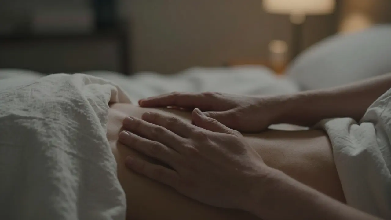 Gentle hands touching through a blanket, conveying trust and emotional connection without faces.