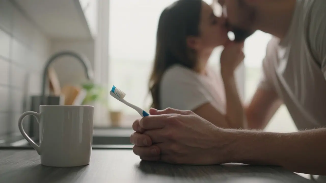 Intertwined hands on a kitchen counter with a blurred couple kissing in the background during morning light.