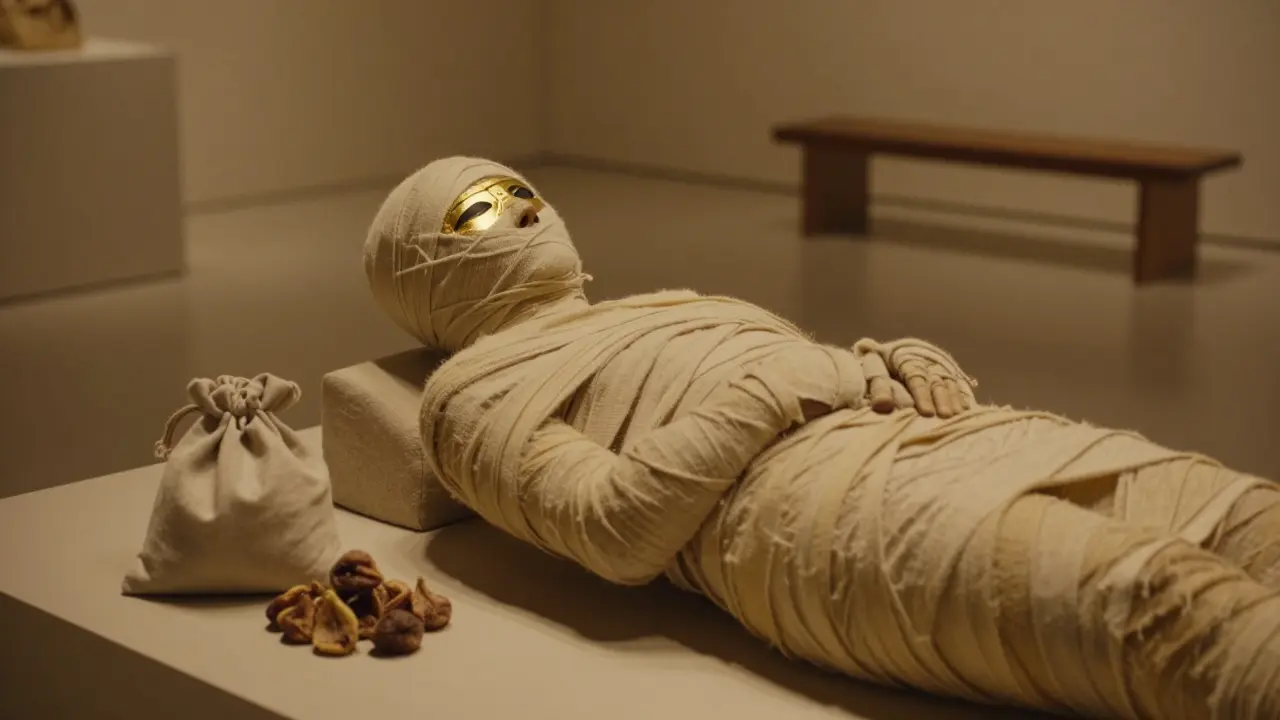 Katebet’s mummy wrapped in linen, gold leaf over eyelids, small bag of dried figs beside her, warm ambient light.