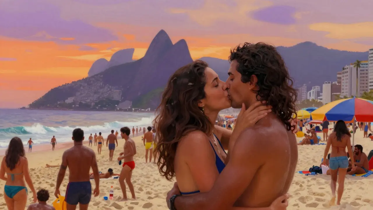 Passionate couple kissing on a vibrant Rio beach at sunset amid friends and surfers.