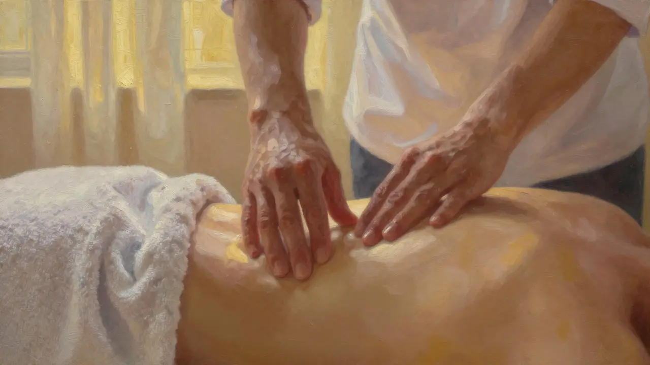 Professional hands gently touching a client's spine, backlit by warm light, no faces shown, towel draped over body.