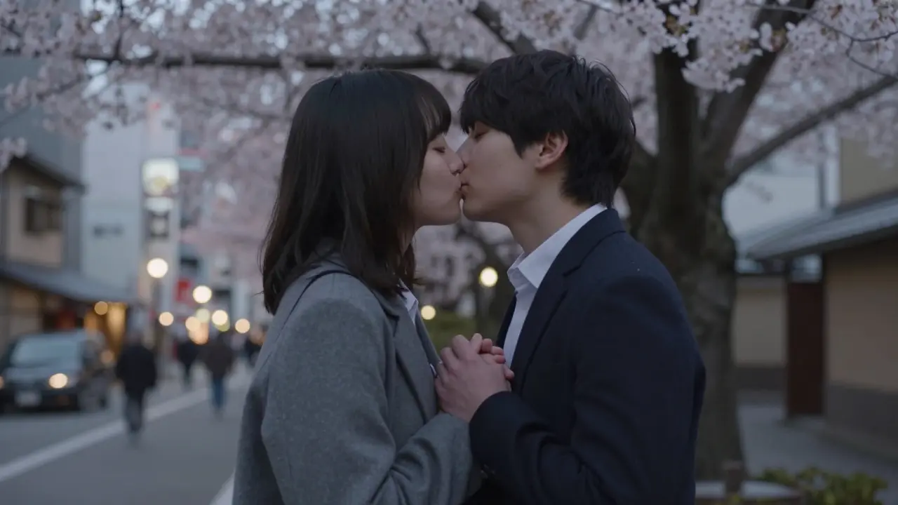 Quiet couple sharing a gentle kiss under cherry blossoms in Tokyo at dusk.