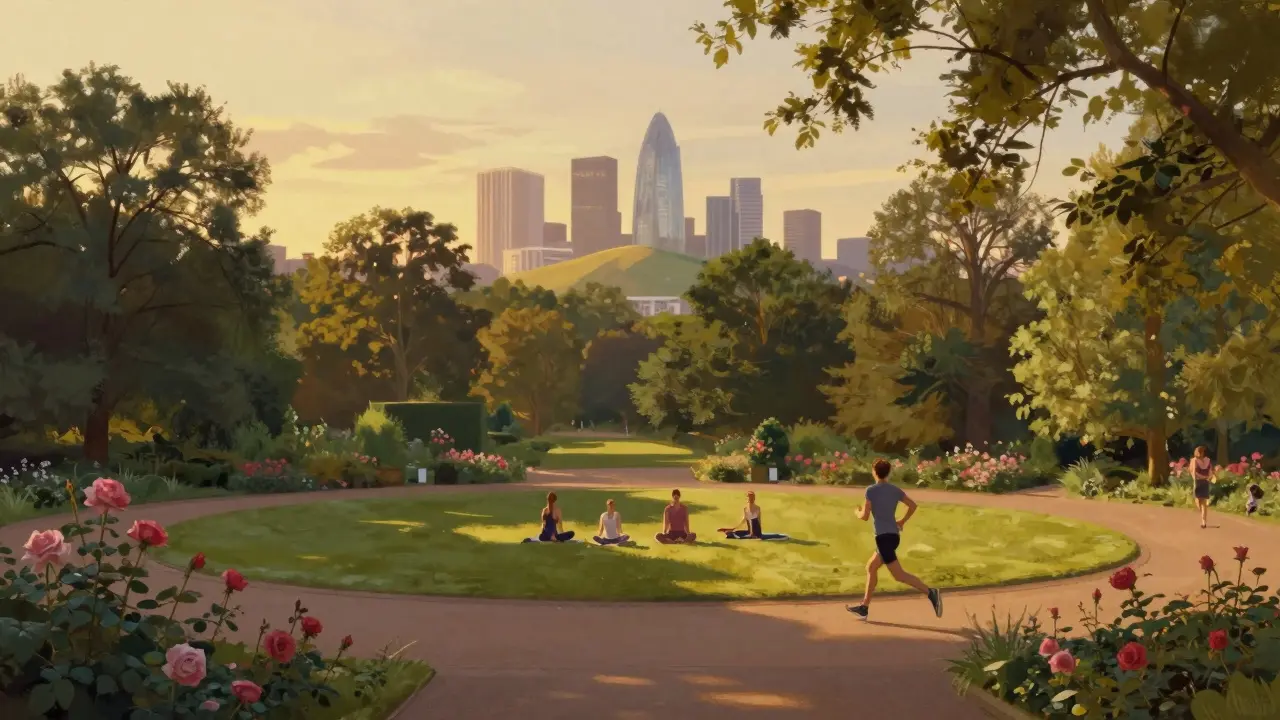 Runner on Regent’s Park path with Primrose Hill and London skyline glowing in golden hour light.