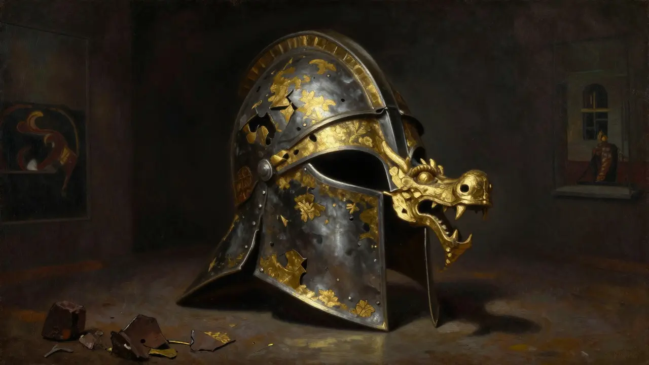 Sutton Hoo helmet glowing in dim light, iron eyebrows forming a dragon’s snout, gold inlays catching a single beam.
